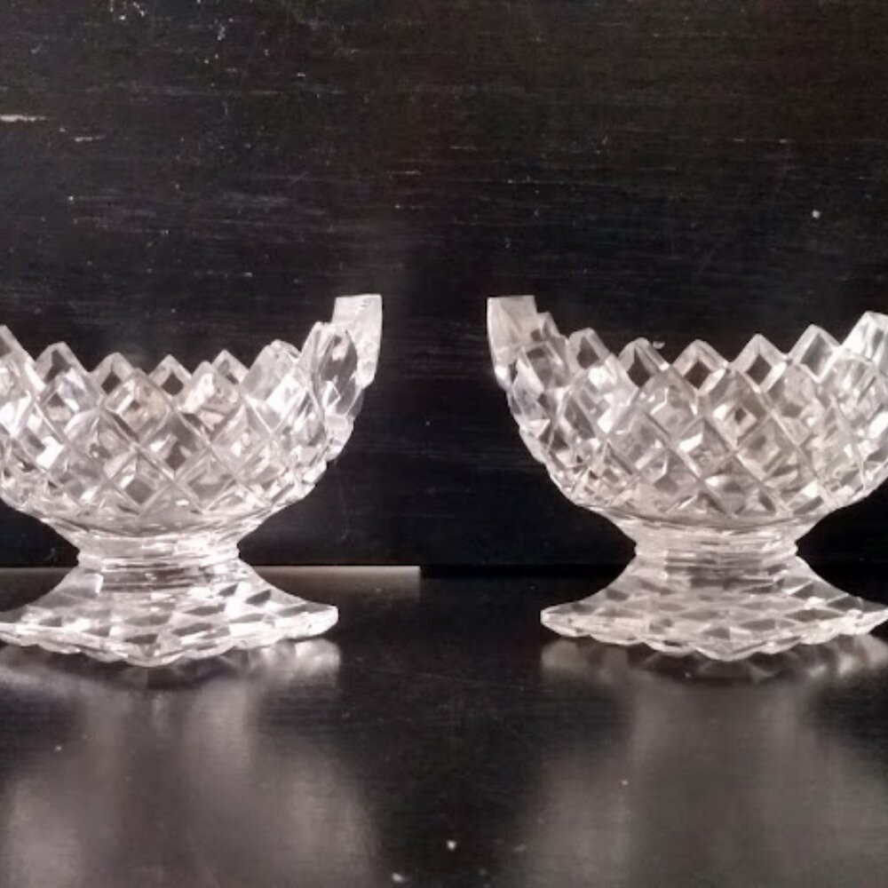 Antique Lead Crystal  Boat Shape Waffle Open Salt and Pepper Set